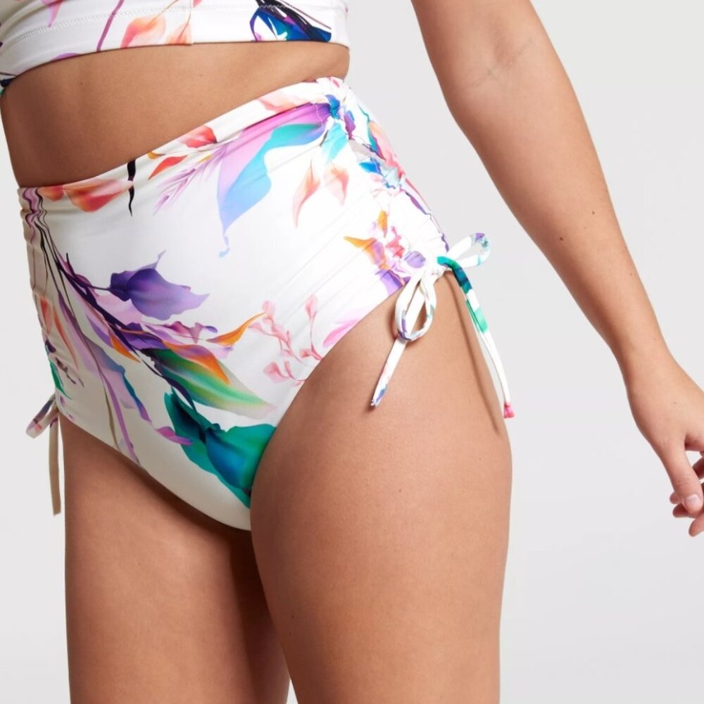 NWT CALIA High Waisted Swim Bottoms Women's Ruched Side Tie Cream/Multi